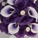 17 Piece Package Wedding Bridal Bouquet Silk Flowers Bouquets Bride Jewels Real Touch Picasso Calla Lily PURPLE WHITE Lily of Angeles WTPU06