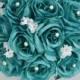 17 Piece Package Bridal Bouquet Wedding Bouquets Silk Flowers Bridesmaid Turquoise Aqua Emerald GREEN TEAL WHITE "Lily of Angeles" TETE01