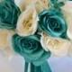 17 Piece Package Bridal Bouquet Wedding Bouquets Silk Flowers Bridesmaid Bride Calla Lily Emerald GREEN TEAL IVORY "Lily of Angeles" TEIV01