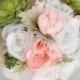 17 Piece Package Silk Flowers Wedding Bridal Bouquets Artificial Decoration Succulent Dusty Miller GREEN PEACH WHITE "Lily of Angeles GRPI05