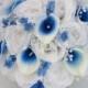17 Piece Package Silk Flowers Wedding Bouquet Bride Bridal Party Bouquets Decorations Centerpieces WHITE ROYAL BLUE "Lily of Angeles" BLWT05