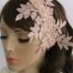Bridal Fascinator - Beaded Weddings Hair Piece, Headband in Venetian Lace Applique, Blush Powder Pink. Handmade