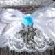 Set of Two Enchanted Fairy  & Mushroom Blue Wedding Garter, Iridescent White Lace, Hand Fasting, Bridal Garter, Wicca Fantasy