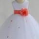White Coral Rosebud Flower Girl dress sash pageant wedding bridal recital children tulle bridesmaid toddler sizes 12-18m 2 4 6 8 10 12 