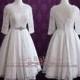Vintage Style Lolita Tea Length Pleated Lace Wedding Dress with Sleeves and Modest Neckline 