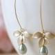 Gold Flower Olivine Sage Green Pearls Earrings. Sage Green Teardrop Teardrop Pearls Matte Gold Orchid Long Dangle Earrings, Sage Wedding