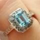 Art Deco Revival Emerald Cut Aquamarine and Diamond Geometric Halo Ring! Vintage Estate Piece in White Gold! Gatsby Gemstone Engagement!