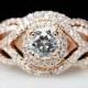 Diamond Halo 14k Rose Gold Engagement Ring & Wedding Band Set Diamond Engagement Ring Swirl Solitaire Twist Infiniti Style Diamond Ring