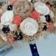Custom Dyed Coral Orange & Navy Heirloom Bride's Bouquet - Coral and Navy Collection - Cream Ivory Sola Wood, Wildflowers, Burlap Flowers