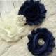 Beautiful NAVY BLUE Bridal Garter Set - Ivory Keepsake & Toss Wedding Garters - Chiffon Frayed Flowers Rhinestone Garter - Ivory Dark Blue