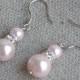 pale pink pearl earrings,dangle pearl earrings,pearl earring,wedding earrings,bridesmaids earrings,glass pearl,rhinestone earrings,earring