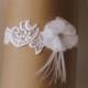Wedding Garter White Embroidered Lace with Rhinestone Crystal and  Ostrich Feathers