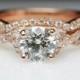 Criss Cross Half Halo Diamond Engagement Ring Solitaire Rose Gold Diamond Ring 14k Round Diamond Ring & Wedding Band Complete Bridal Set