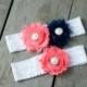 Coral and Navy Wedding Garter Set, Bridal Garter, Wedding Garter, Shabby Chic Garter, Satin Garter