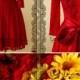 Excellent Knee Length Red Lace Wedding Dress with Folded Neckline and Elbow Length Sleeves featuring Long Taffeta Sash and Satin Buttons