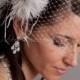 Bridal Birdcage Veil Set, Rhinestone Accent Bandeau Veil with Soft Feather Flower Fascinator
