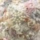 Brooch Bouquet, Wedding, Bridal, Jeweled, Fabric, Gold, Tan, Champagne, Rose, Ivory, Crystals, Pearls, Lace, Tulle, Vintage, Gatsby