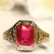 Antique Engagement Ring 1.74ct Emerald Cut Synthetic Ruby Ring 10K Two Tone Gold Antique Wedding Ring Alternative Engagement Ring Size 7.5!