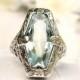 Antique Engagement Ring Fancy Cut Blue Aqua Glass Ring 10K White Gold Filigree Edwardian Engagement Ring Antique Wedding Ring!