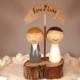 3D Kokeshi Wedding Cake Topper with Rustic Tree Slice Base and Wooden Banner Custom Cake Topper