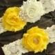 Wedding Garter Belt, Bridal Garter Set - Ivory Lace Garter, Keepsake Garter, Toss Garter, Yellow Wedding Garter, Yellow Bridal Garter Set