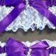 Regal Purple on White Wedding Garter Set Bridal Garter Set, Keepsake Garter Toss Garter Bow with Rhinestone & Hearts Charm