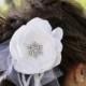 ON SALE White Bridal Flower Hair clip, Wedding Hair Accessory, Fascinator, Satin, Rhinestone Jewel Center, Bridal Head Piece