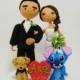 Cute couple custom wedding cake topper with the dog and cute character