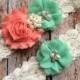 Coral flower / Mint puff/ wedding garter set / bridal  garter/  lace garter / toss garter included /  wedding garter