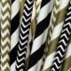 100 Black and Gold Metallic Party Straws, Black and Gold Wedding Straws, with DIY Flag Template