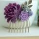 Purple Amethyst, Lavender, Grey Flower, Purple Rose, Brass Leaf, Wedding Hair Comb. Bridesmaids Gift, Purple Rustic Nature. Purple Wedding