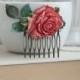 Large Red Rose, Verdigris Green Brass Leaf Comb Rustic Green and Red. Red Wedding Sis, Wedding Hair Comb. Bridal Hair Comb, Bridesmaid Gift.