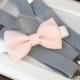 Light Pink bow-tie & Light gray elastic suspender set, Adjustable neck strap and suspender - Blush pink bow tie and light gray suspenders