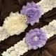 Wedding Garter Set, Bridal Garter Set - Ivory Lace Garter, Keepsake Garter, Toss Garter, Lavender Wedding Garter Belt, Lavender Garter