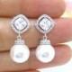 Bridal Pearl Earrings Swarovski 10mm Round Pearl Earrings Cubic Zirconia Earrings Square Cut Earrings Wedding Jewelry Bridesmaid Gift (E152)