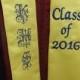 Graduation pointed stoles ....with three Character/ Yellow Gold satin / class of 2016  / Royal blue thread / Design your stoles your way