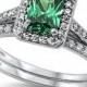 1.90 Carat Emerald Cut Platinum 925 Sterling Silver Emerald Green Clear Topaz Halo Ring and Band Wedding Engagement Anniversary  Bridal Set