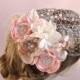 Birdcage veil with flowers, flower headpiece, bridal hair accessory, rhinestone adornments, bridal veil pearls, pink champagne,  Style 805