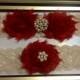 Red Wedding Garter -  Bridal Garter Set - Ivory Stretch Lace - Red Chiffon Flowers - Pearl Rhinestone embellishment...