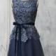 2015 Dark Blue Lace Bridesmaid dress, Blue Wedding dress, Womens Formal Evening dress, Chiffon Party dress knee length (F010A)