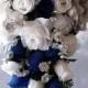 ROYAL BLUE Horizon Wedding Bouquet Cascade 2pc WHITE Silver Silk Flowers Boutonniere  Roses