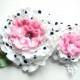 white black pink, polka dots flowers, satin roses, brooch, white bridal hair clip, flowers for sash, weddings accessories bride, bridesmaids