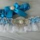 Wedding Garter,Garter Set,Bridal Garter,Turquoise With White Chantilly Lace And Rhinestone Embellishment