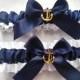 Nautical Wedding Garter SET , beautiful  navy and white or ivory Nautical themed garter set gold anchor