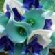 Real Touch Aqua Blue & White Calla Lily Royal Blue Orchid Wedding Bouquet with Boutonniere, Aqua Blue Bouquet Calla Lily Bouquet Orchid
