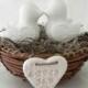 Rustic Chic Wedding Cake Topper - Ivory Love Birds in Nest - Personalized Heart - Bride and Groom - Simple and Elegant