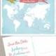 World map International couple Wedding Save the Date Card - Airplane with Banner - USA Australia wedding