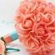 Coral Real Touch Roses Aqua Ribbon Wedding Bouquet Real Touch Silk Flower Wedding Choose Your Colors Coral Turquoise Aqua Blue