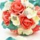 Coral Ivory Aqua Bridal Bouquet Rhinestone Brooches Wedding Bouquet Groom Boutonniere - Customize For Your Colors - Coral Ivory Aqua Blue