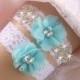 Bridal Garter, Wedding Garter Set, aqua blue, Garter Prom Garter, Toss Garter  Ivory with Rhinestones and Pearls Custom Wedding colors